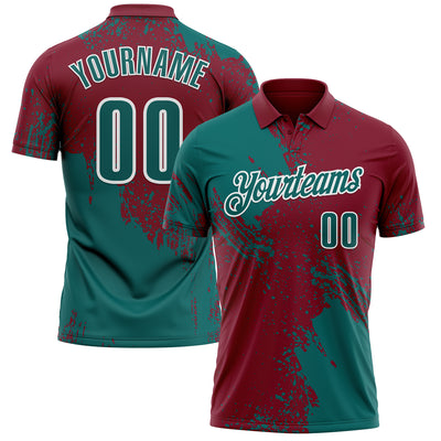 Custom Teal Crimson-White 3D Pattern Design Abstract Brush Stroke Performance Polo Shirt