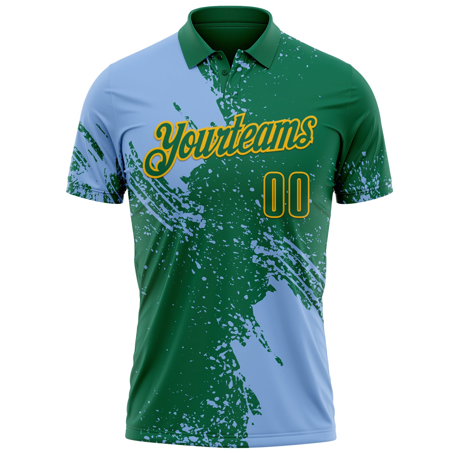 Custom Light Blue Kelly Green-Gold 3D Pattern Design Abstract Brush Stroke Performance Polo Shirt