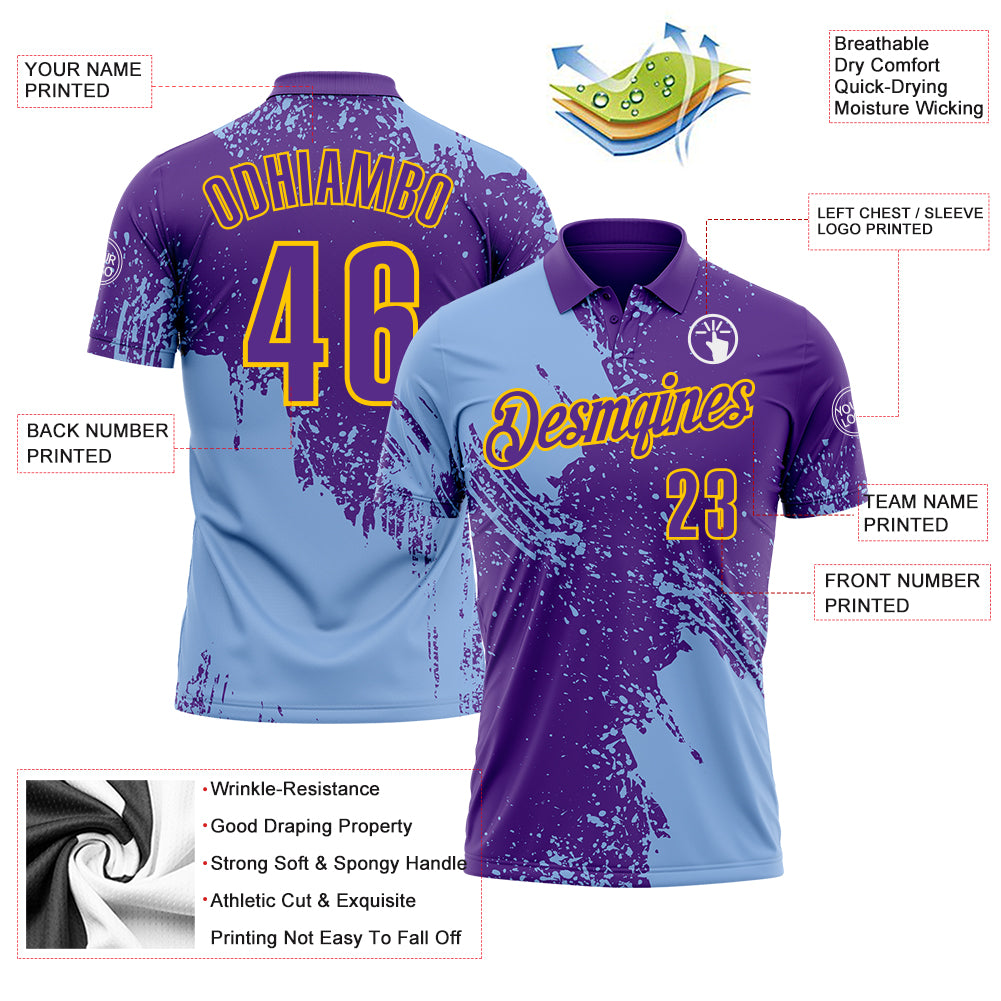 Custom Light Blue Purple-Yellow 3D Pattern Design Abstract Brush Stroke Performance Polo Shirt