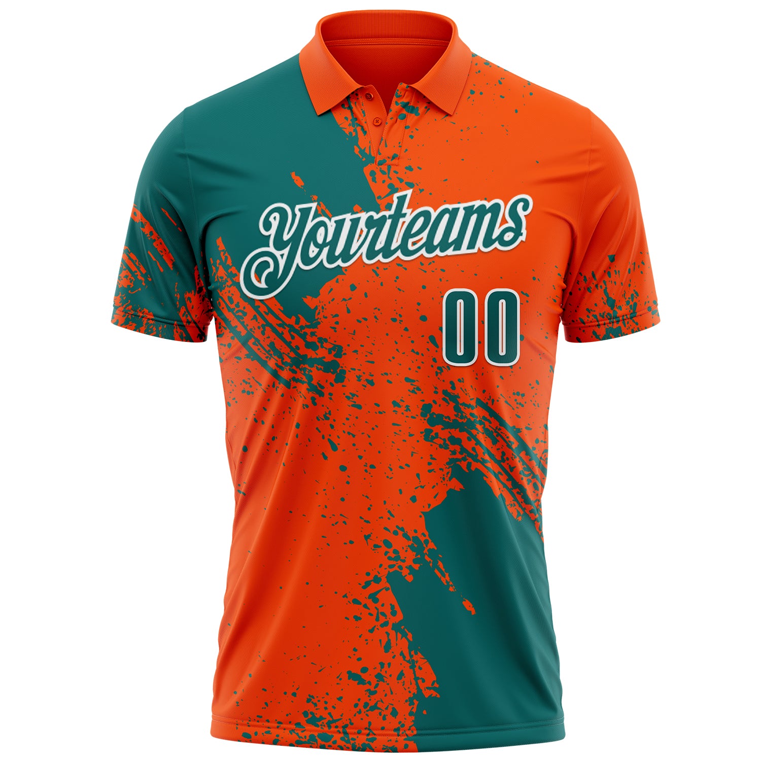 Custom Teal Orange-White 3D Pattern Design Abstract Brush Stroke Performance Polo Shirt
