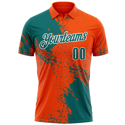 Custom Teal Orange-White 3D Pattern Design Abstract Brush Stroke Performance Polo Shirt