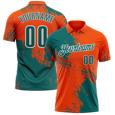 Custom Teal Orange-White 3D Pattern Design Abstract Brush Stroke Performance Polo Shirt