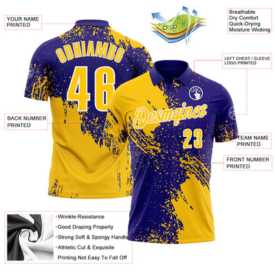 Custom Yellow Dark Purple-White 3D Pattern Design Abstract Brush Stroke Performance Polo Shirt