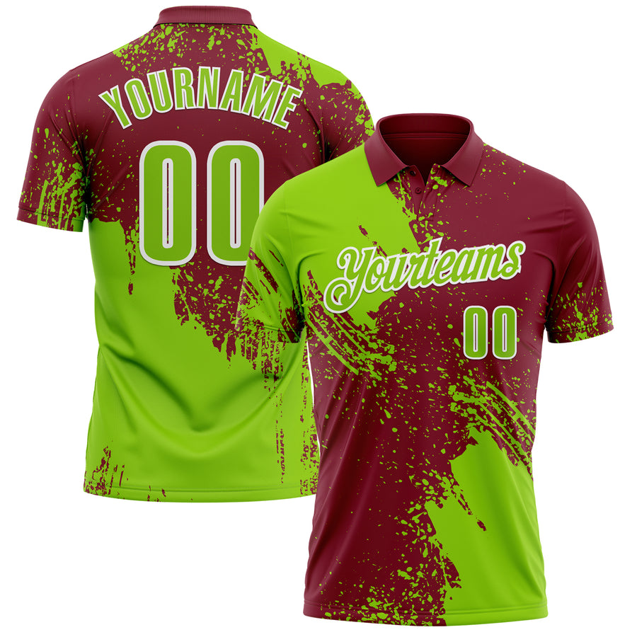 Custom Neon Green Crimson-White 3D Pattern Design Abstract Brush Stroke Performance Polo Shirt