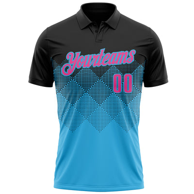 Custom Black Pink-Sky Blue 3D Gradient Square Shape Performance Polo Shirt