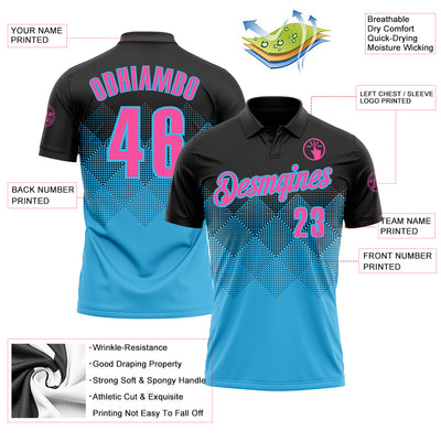 Custom Black Pink-Sky Blue 3D Gradient Square Shape Performance Polo Shirt