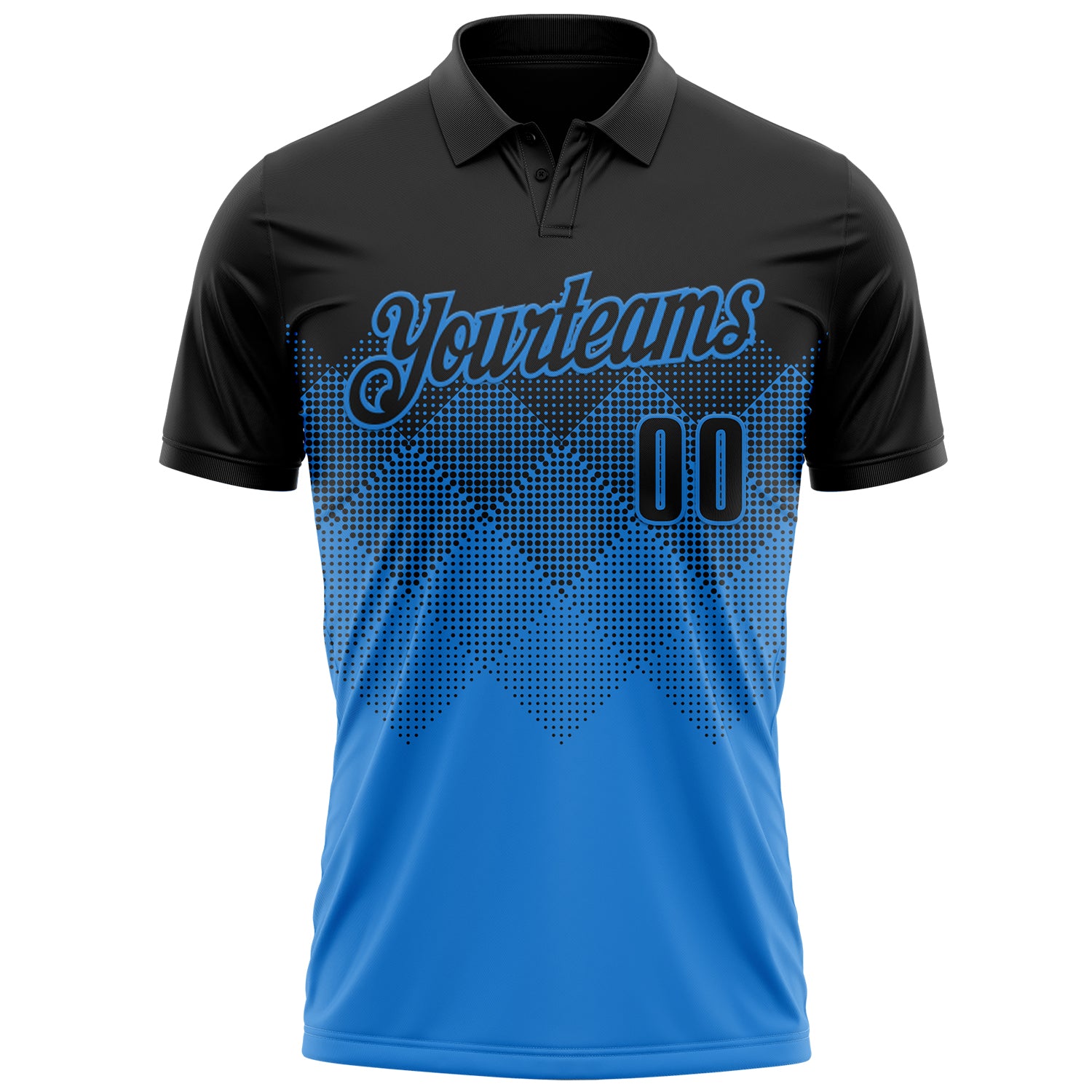 Custom Black Powder Blue 3D Gradient Square Shape Performance Polo Shirt
