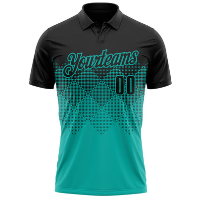 Custom Black Aqua 3D Gradient Square Shape Performance Polo Shirt