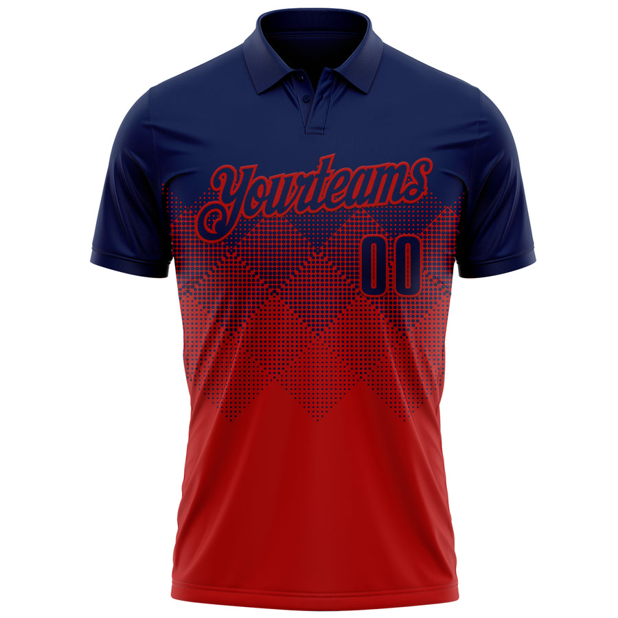 Custom Navy Red 3D Gradient Square Shape Performance Polo Shirt