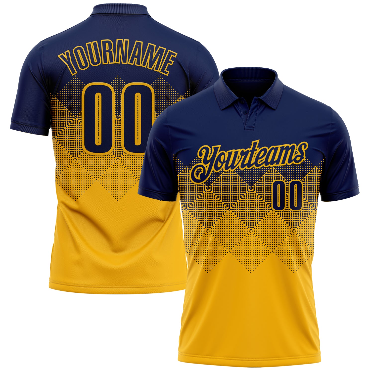 Custom Navy Gold 3D Gradient Square Shape Performance Polo Shirt
