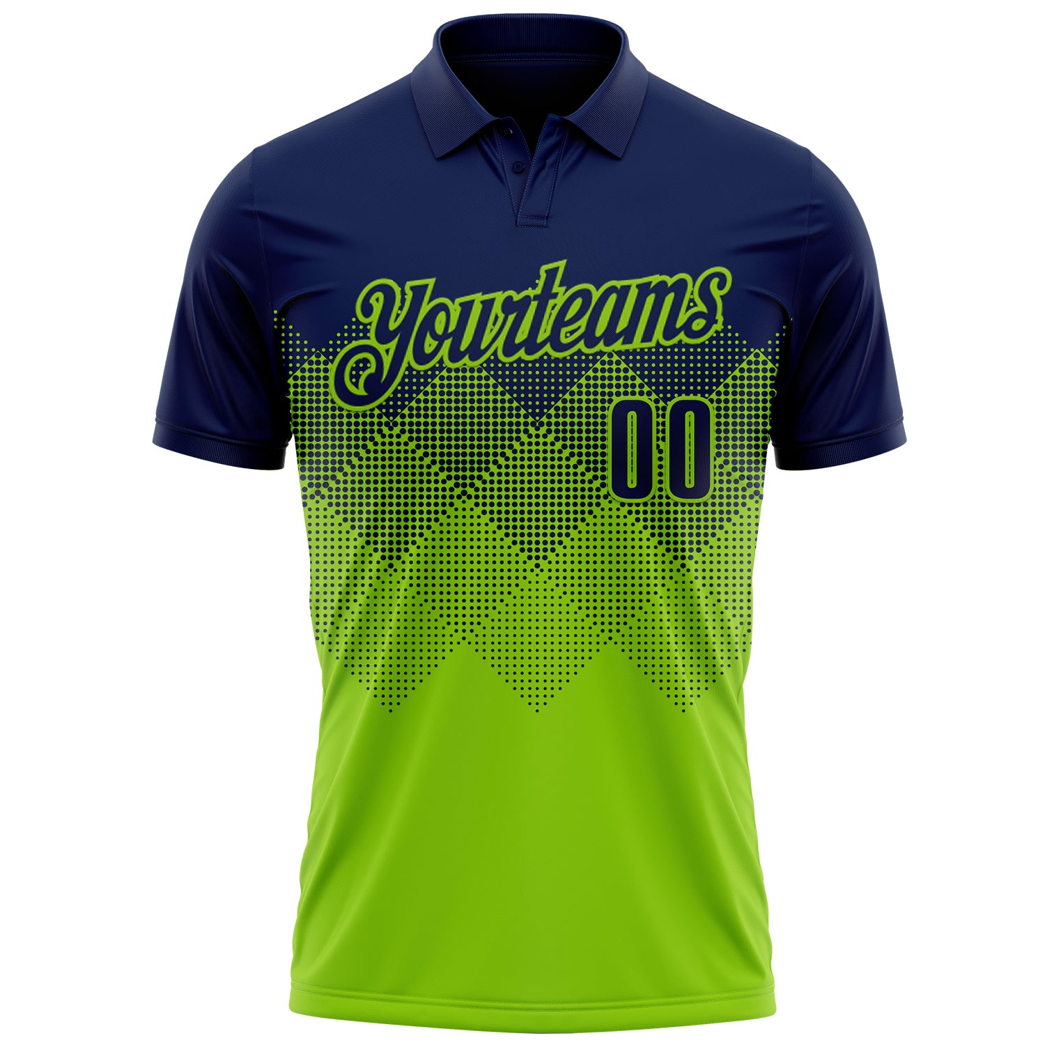 Custom Navy Neon Green 3D Gradient Square Shape Performance Polo Shirt