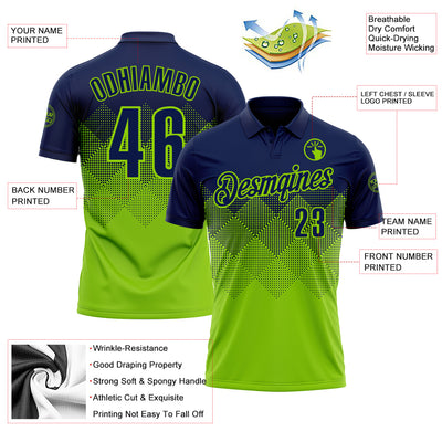 Custom Navy Neon Green 3D Gradient Square Shape Performance Polo Shirt