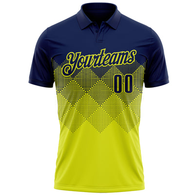 Custom Navy Neon Yellow 3D Gradient Square Shape Performance Polo Shirt