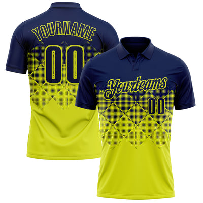 Custom Navy Neon Yellow 3D Gradient Square Shape Performance Polo Shirt