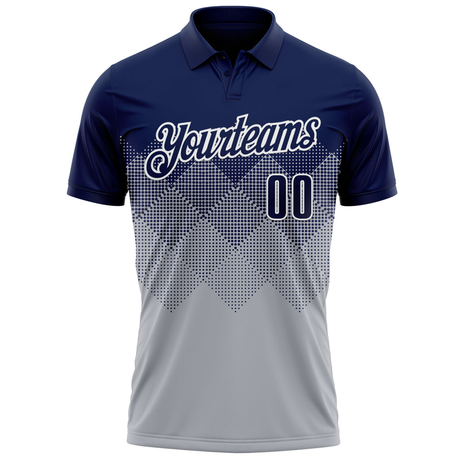Custom Navy Gray-White 3D Gradient Square Shape Performance Polo Shirt