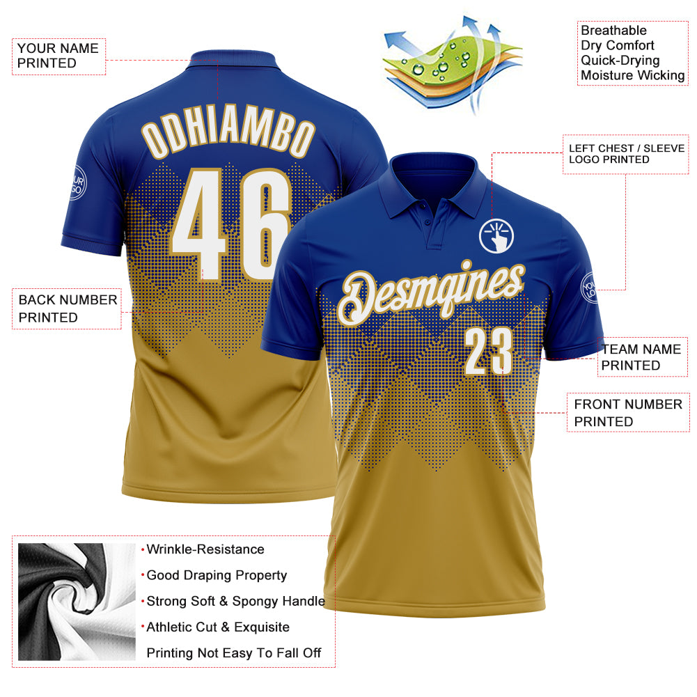 Custom Royal White-Old Gold 3D Gradient Square Shape Performance Polo Shirt