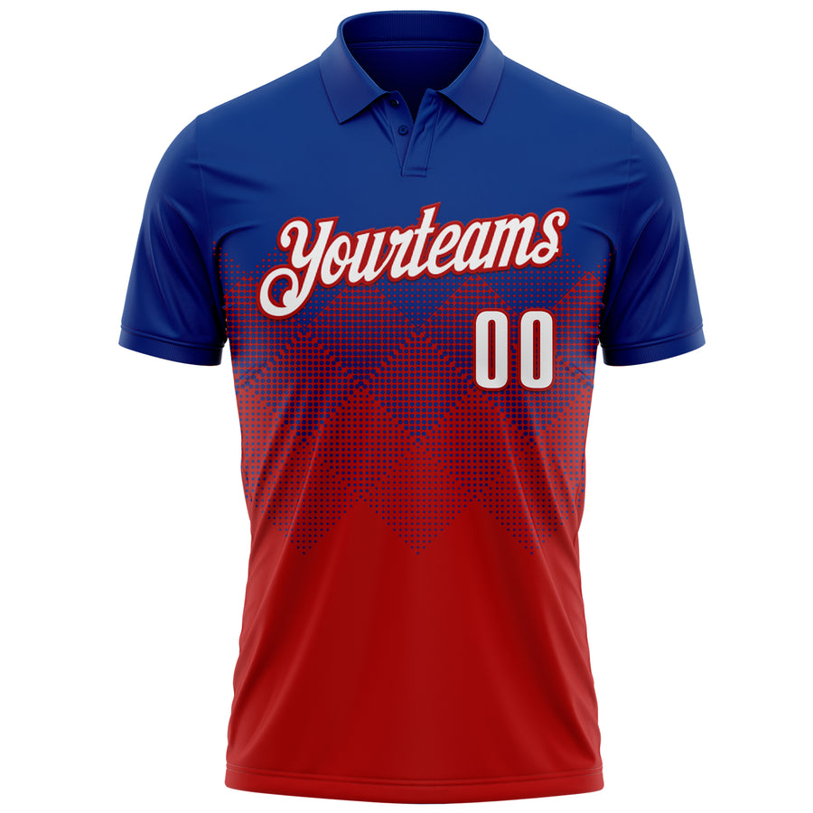 Custom Royal White-Red 3D Gradient Square Shape Performance Polo Shirt