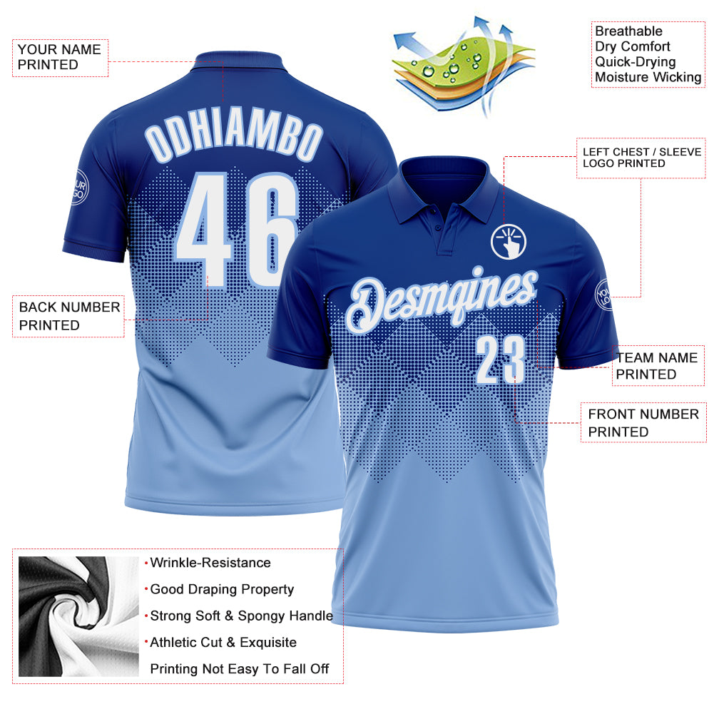 Custom Royal White-Light Blue 3D Gradient Square Shape Performance Polo Shirt