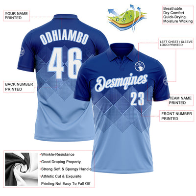 Custom Royal White-Light Blue 3D Gradient Square Shape Performance Polo Shirt