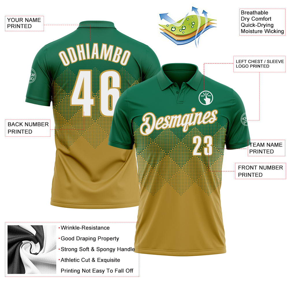 Custom Kelly Green White-Old Gold 3D Gradient Square Shape Performance Polo Shirt