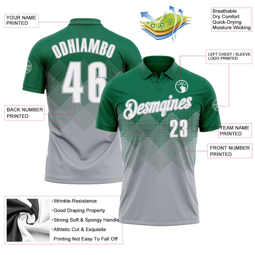Custom Kelly Green White-Gray 3D Gradient Square Shape Performance Polo Shirt
