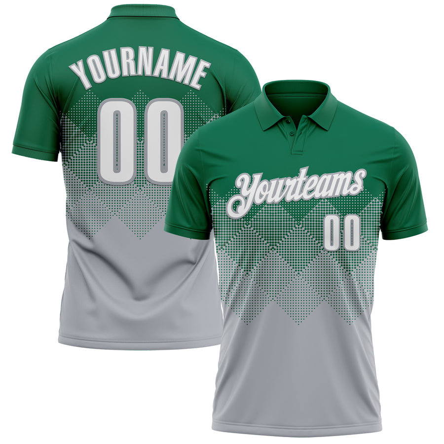 Custom Kelly Green White-Gray 3D Gradient Square Shape Performance Polo Shirt