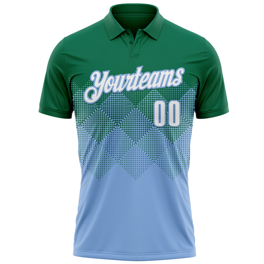 Custom Kelly Green White-Light Blue 3D Gradient Square Shape Performance Polo Shirt