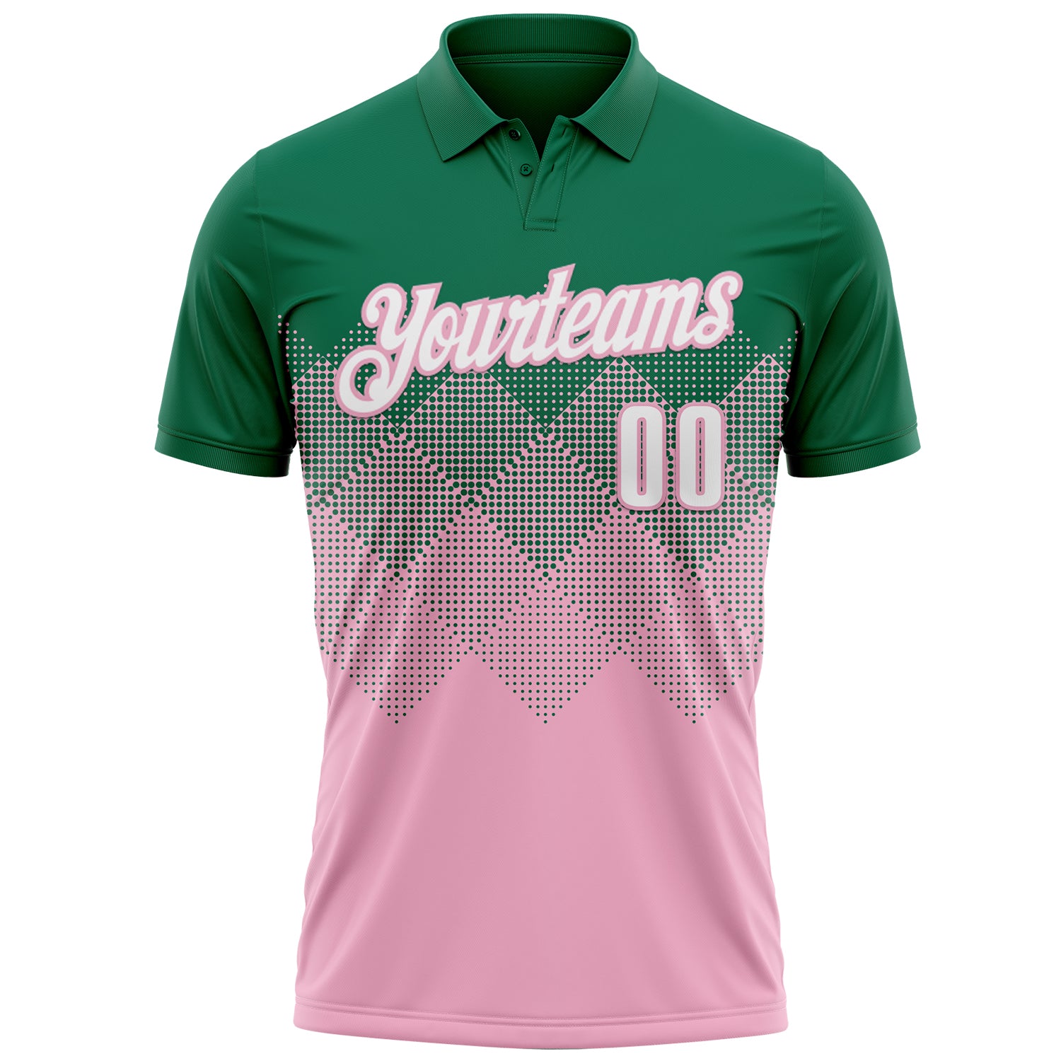 Custom Kelly Green White-Light Pink 3D Gradient Square Shape Performance Polo Shirt