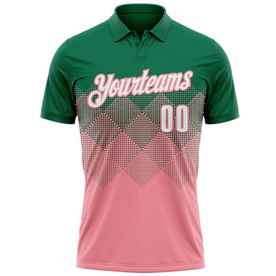 Custom Kelly Green White-Medium Pink 3D Gradient Square Shape Performance Polo Shirt