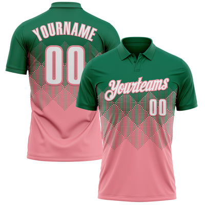 Custom Kelly Green White-Medium Pink 3D Gradient Square Shape Performance Polo Shirt
