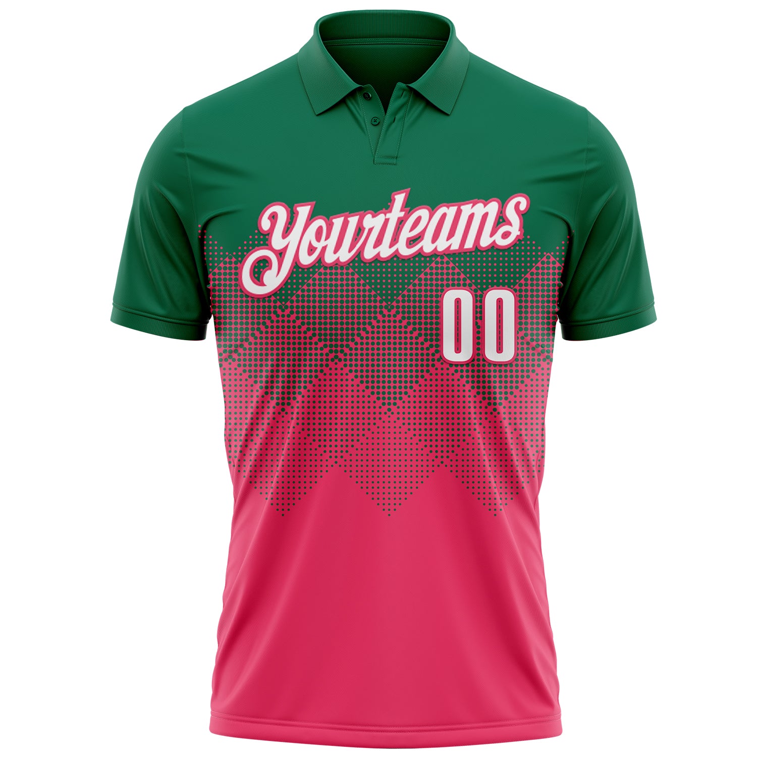 Custom Kelly Green White-Neon Pink 3D Gradient Square Shape Performance Polo Shirt