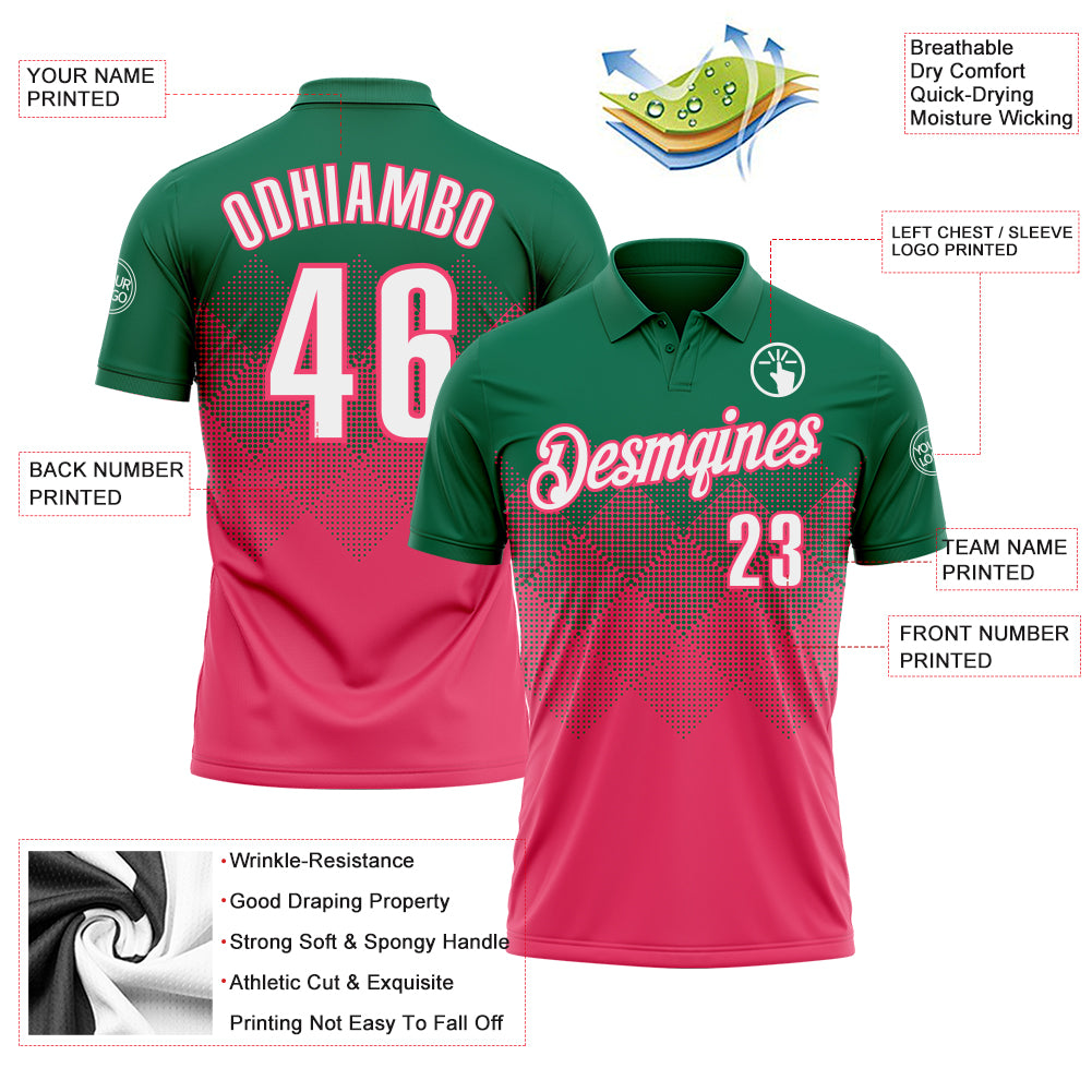 Custom Kelly Green White-Neon Pink 3D Gradient Square Shape Performance Polo Shirt