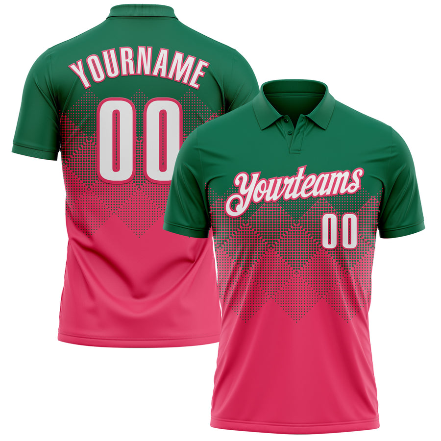 Custom Kelly Green White-Neon Pink 3D Gradient Square Shape Performance Polo Shirt