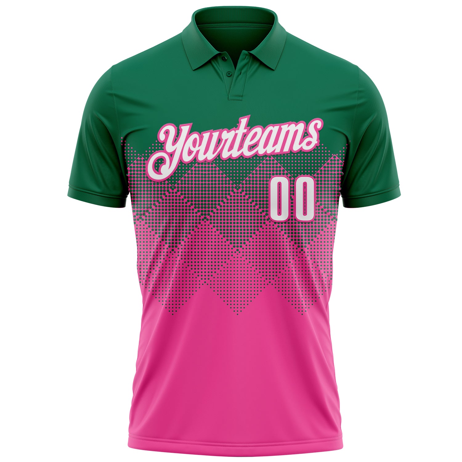 Custom Kelly Green White-Pink 3D Gradient Square Shape Performance Polo Shirt