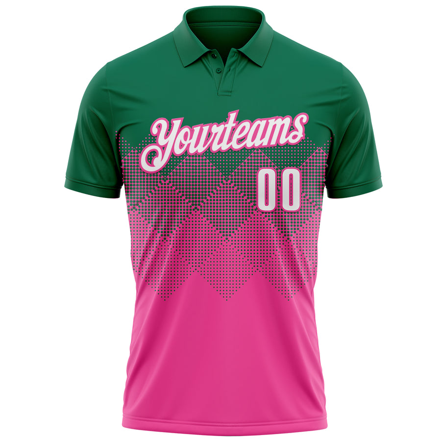 Custom Kelly Green White-Pink 3D Gradient Square Shape Performance Polo Shirt