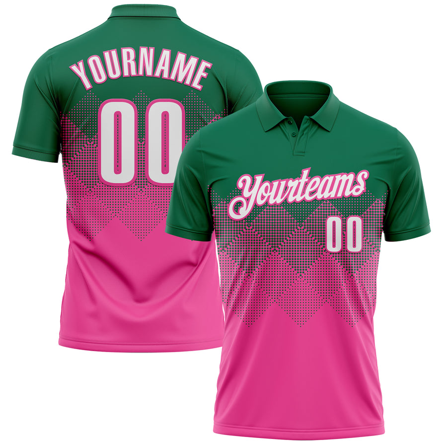 Custom Kelly Green White-Pink 3D Gradient Square Shape Performance Polo Shirt