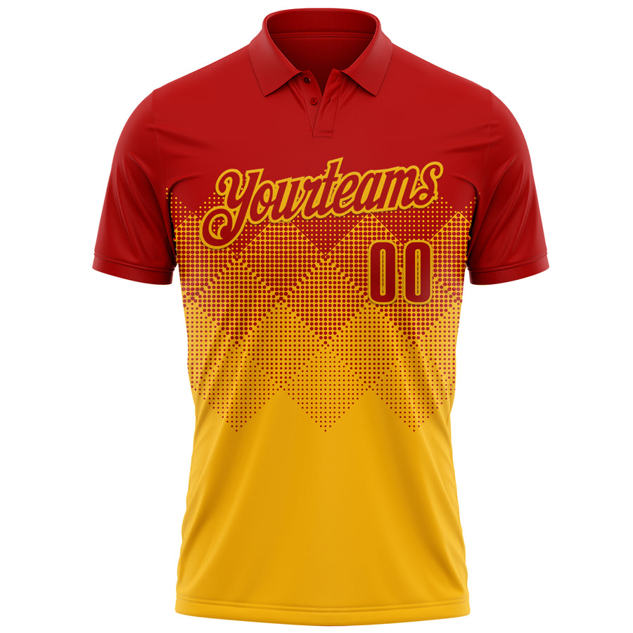 Custom Red Gold 3D Gradient Square Shape Performance Polo Shirt