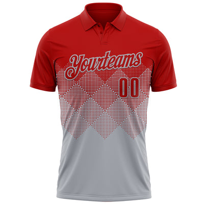 Custom Red Gray 3D Gradient Square Shape Performance Polo Shirt