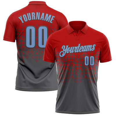 Custom Red Light Blue-Steel Gray 3D Gradient Square Shape Performance Polo Shirt