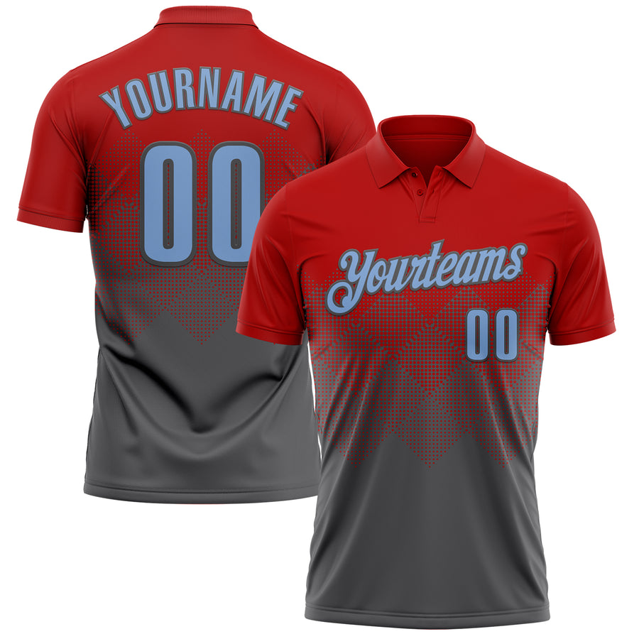 Custom Red Light Blue-Steel Gray 3D Gradient Square Shape Performance Polo Shirt