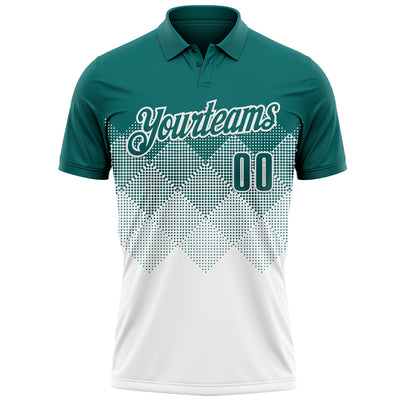 Custom Teal White 3D Gradient Square Shape Performance Polo Shirt