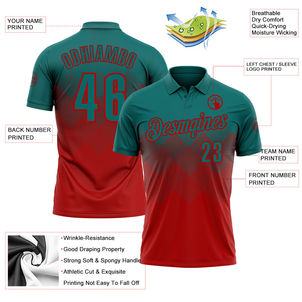 Custom Teal Red 3D Gradient Square Shape Performance Polo Shirt