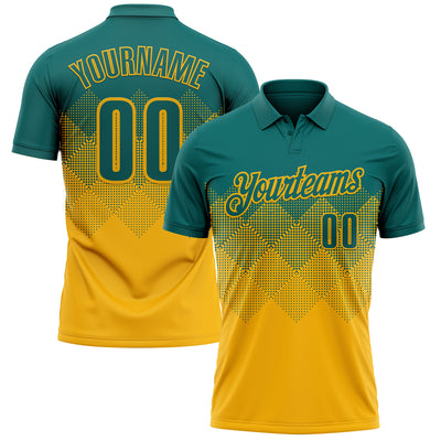Custom Teal Gold 3D Gradient Square Shape Performance Polo Shirt