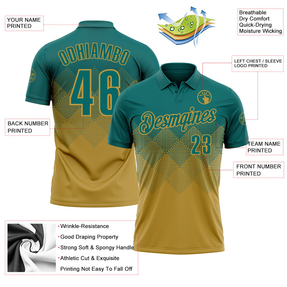 Custom Teal Old Gold 3D Gradient Square Shape Performance Polo Shirt