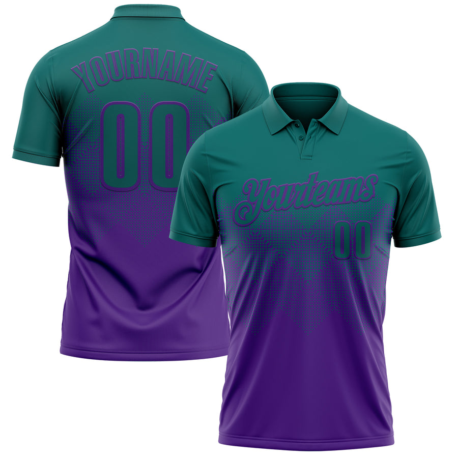 Custom Teal Purple 3D Gradient Square Shape Performance Polo Shirt