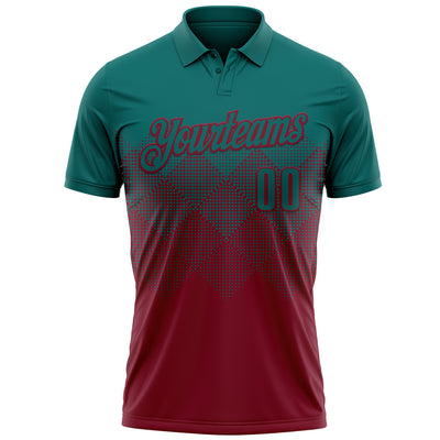 Custom Teal Crimson 3D Gradient Square Shape Performance Polo Shirt