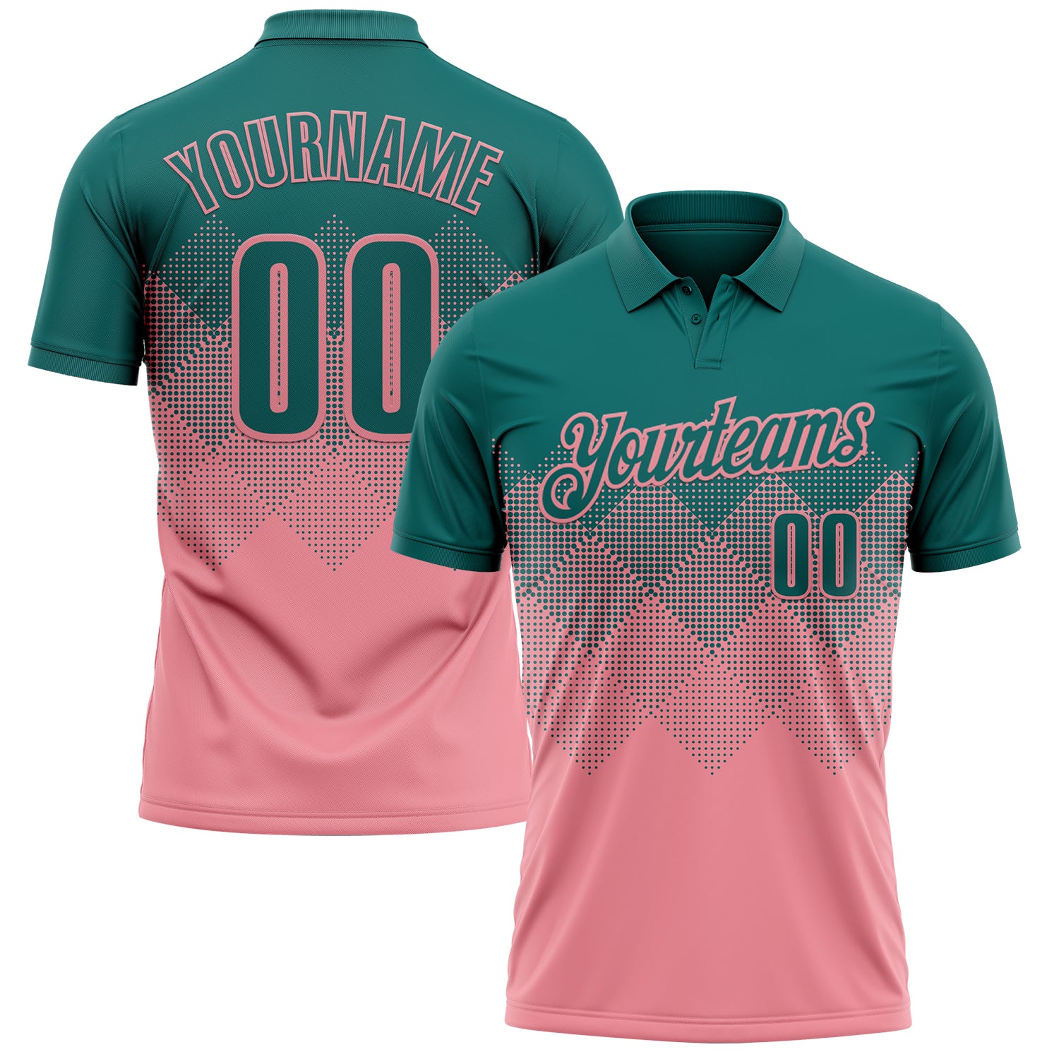 Custom Teal Medium Pink 3D Gradient Square Shape Performance Polo Shirt
