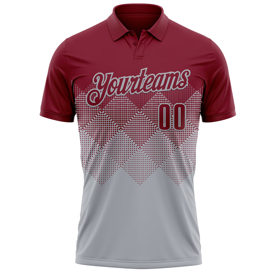 Custom Crimson Gray 3D Gradient Square Shape Performance Polo Shirt