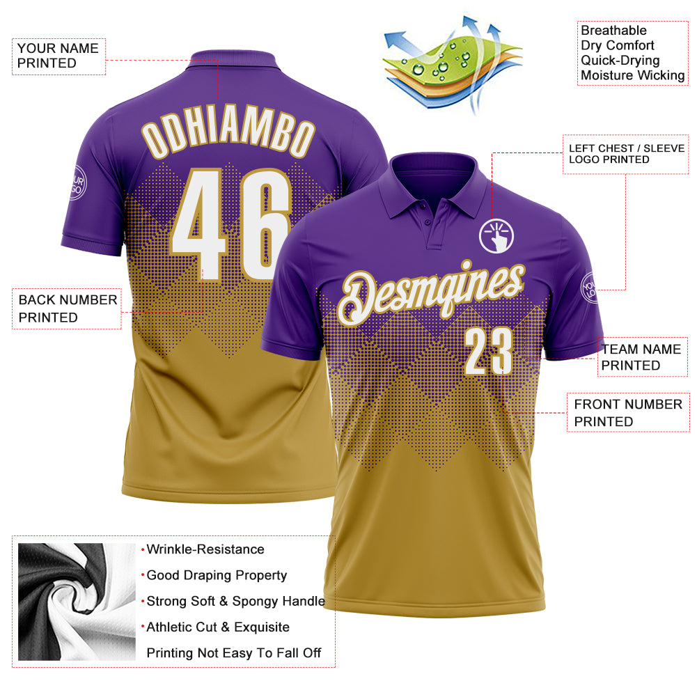 Custom Purple White-Old Gold 3D Gradient Square Shape Performance Polo Shirt