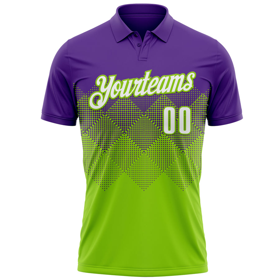 Custom Purple White-Neon Green 3D Gradient Square Shape Performance Polo Shirt